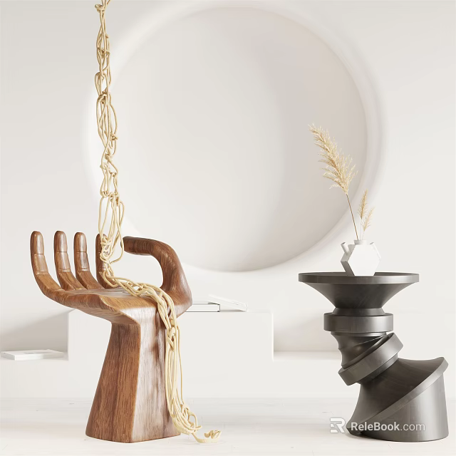 Black Side Table With Dried Grass Decoration Wooden Hand Sculpture And Golden Chain 3d model 