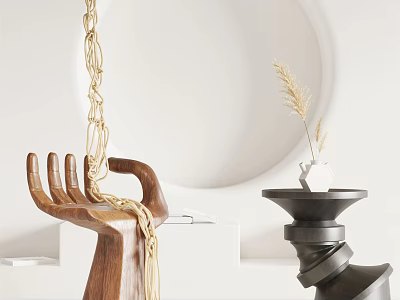 Black Side Table With Dried Grass Decoration Wooden Hand Sculpture And Golden Chain 3d model