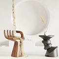 Black Side Table With Dried Grass Decoration Wooden Hand Sculpture And Golden Chain