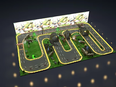 Theme Park Model Layout With Curved Roads Dinosaur Models Green Grass Street Lamps And Arches 3d model