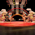 Traditional Stage With Red Circular Platform Archway Cloud Decorations Female Figures Lanterns And Banner 3d model