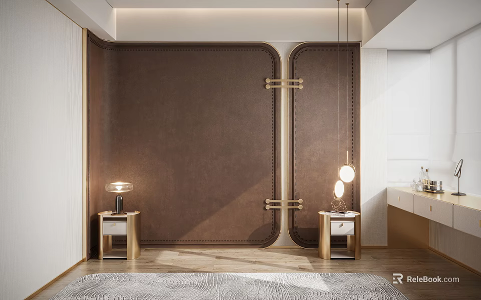 Modern Elegant Bedroom Accent Wall With Brown Leather Metal Accents And Bedside Table Lamps 3d model 