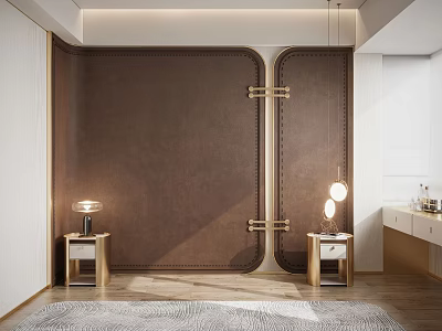 Modern Elegant Bedroom Accent Wall With Brown Leather Metal Accents And Bedside Table Lamps 3d model