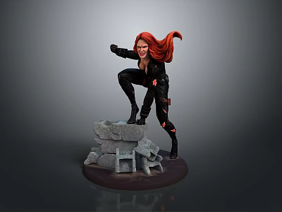 Red Haired Woman In Black Tight Outfit Striking Dynamic Pose On Broken Stones 3d model