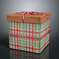 Festive Gift Box With Red And Green Plaid Pattern And Red White Striped Ribbon