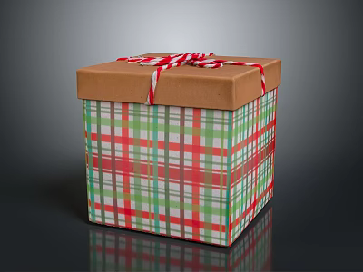 Festive Gift Box With Red And Green Plaid Pattern And Red White Striped Ribbon 3d model