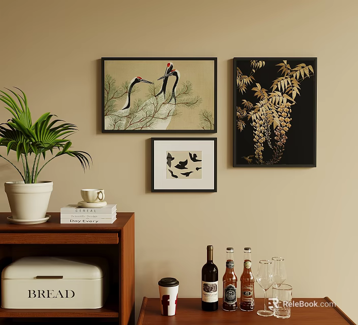 Living Room Wall Art With Crane Plant Bird Paintings Books And Wine 3d model 
