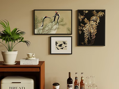 Living Room Wall Art With Crane Plant Bird Paintings Books And Wine 3d model