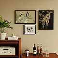 Living Room Wall Art With Crane Plant Bird Paintings Books And Wine