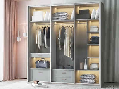 Elegant Modern Wardrobe Interior Design With Hanging Rails Drawers Lighting and Storage Shelves 3d model