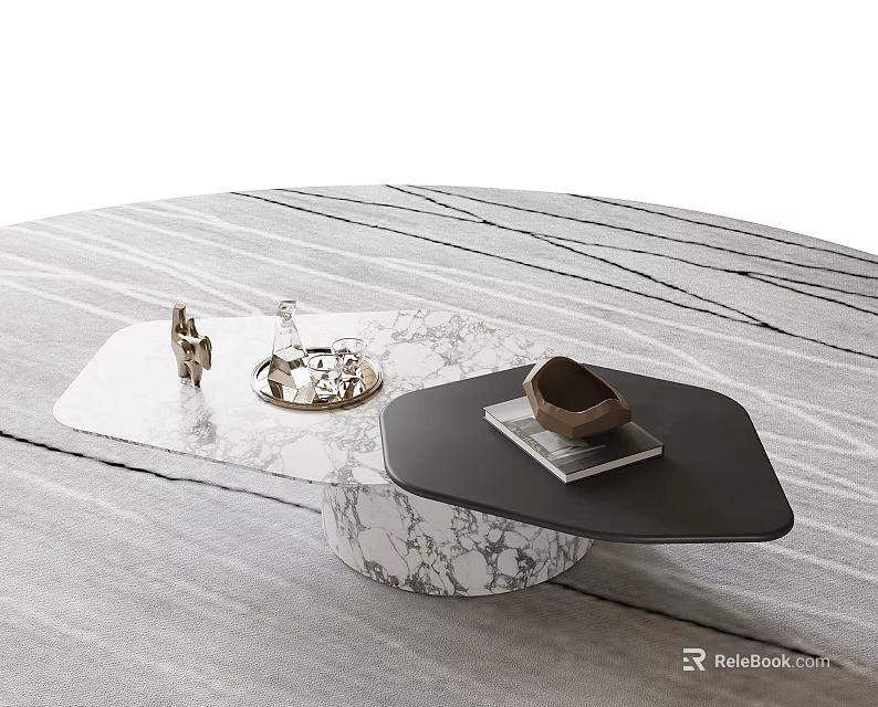 Modern Black And White Marble Coffee Table With Textured Design And Decorative Tray 3d model 