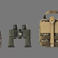 Military Weapons and Tactical Gear Including Walkie Talkie Binoculars and Camouflage Backpack