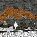 Traditional Courtyard Garden With Orange Tree Rocks White Statue Stone Lantern And Pebble Ground