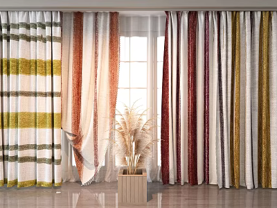 Colorful Striped Curtains in Various Hues for Window Decoration with Dried Flowers 3d model