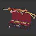 Golden Rifle With Brown Case And Red Interior Displayed On Black Background