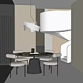 Modern Restaurant Interior With Round Black Marble Dining Table Beige Chairs And White Spiral Staircase
