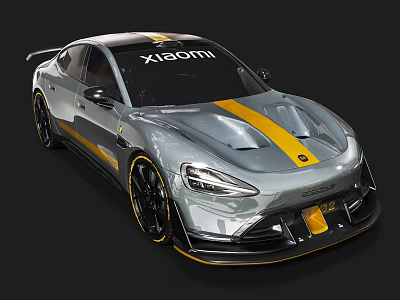 Xiaomi Silver Sports Car With Yellow Stripe And Aerodynamic Exterior Design 3d model