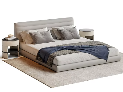 Modern Double Bed with Upholstered Headboard Gray Pillows Blue Blanket Round Bedside Tables Light Rug 3d model