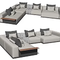 Modern Light Gray Sectional Sofa With Multiple Throw Pillows And Wooden Side Table 3d model