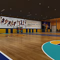 Spacious Basketball Gym Featuring Wooden Floor Wall Posters And Bright Lighting
