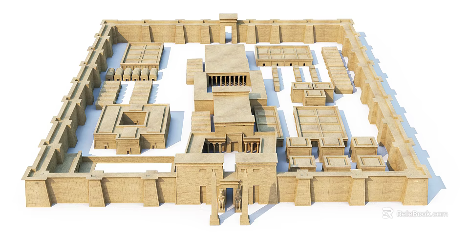 Ancient Architectural Complex With Walled Enclosure Courtyard And Symmetrical Temple Structures 3d model