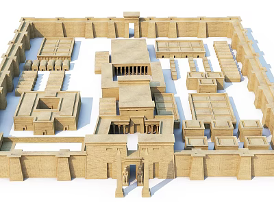 Ancient Architectural Complex With Walled Enclosure Courtyard And Symmetrical Temple Structures 3d model