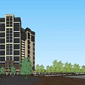 Modern High Rise Residential Building With Multiple Windows Ground Floor Structures And Surrounding Trees