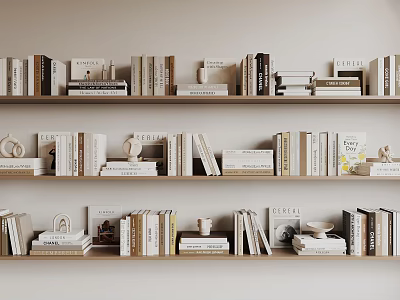 Neatly Arranged Books And Magazines On Wooden Bookshelf With Small Decorative Items 3d model