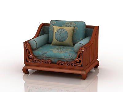 Traditional Single Sofa With Carved Wooden Frame Blue Upholstery And Decorative Circular Pillow 3d model
