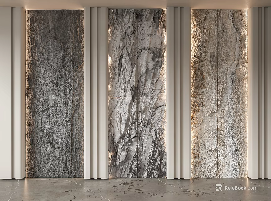 Modern Background Wall With Three Panel Marble Texture And White Frames 3d model 