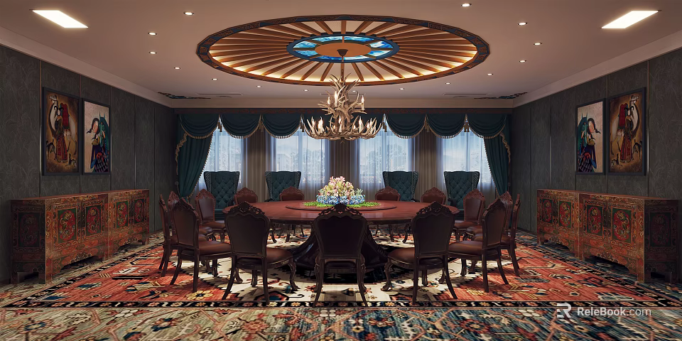 Luxurious Private Dining Room Interior Design With Round Table Chandelier Dark Chairs And Colorful Carpet 3d model 