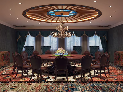 Luxurious Private Dining Room Interior Design With Round Table Chandelier Dark Chairs And Colorful Carpet 3d model