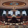Luxurious Private Dining Room Interior Design With Round Table Chandelier Dark Chairs And Colorful Carpet