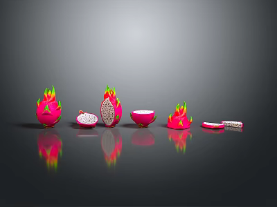 Fresh Dragon Fruit Whole Sliced Pulp and Peel Display on Black Surface 3d model