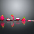 Fresh Dragon Fruit Whole Sliced Pulp and Peel Display on Black Surface 3d model