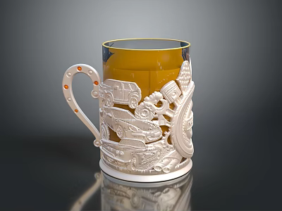 White Carved Mug with Automotive Gear Engravings Ornate Handle Orange Dots and Yellow Liquid 3d model