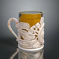 White Carved Mug with Automotive Gear Engravings Ornate Handle Orange Dots and Yellow Liquid