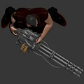 Sci Fi Male Warrior Character Standing With Large Mechanical Gun And Leather Outfit