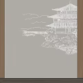 Beige Background Wall With White Line Drawing Of Traditional Chinese Architecture Landscape Elements Wooden Frames
