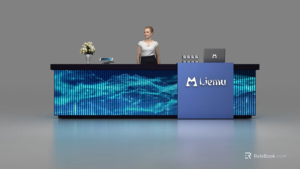 Liemu Modern Reception Desk With Blue Wave Pattern And Receptionist Standing 3d model 