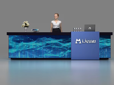 Liemu Modern Reception Desk With Blue Wave Pattern And Receptionist Standing 3d model