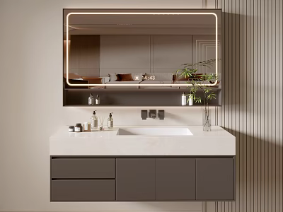 Modern Bathroom Vanity Cabinet With LED Lighted Mirror White Countertop And Grey Storage Design 3d model