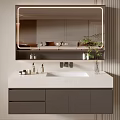 Modern Bathroom Vanity Cabinet With LED Lighted Mirror White Countertop And Grey Storage Design