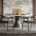 Elegant Restaurant Interior With Round Dining Table Landscape Mural Wall And Chandelier