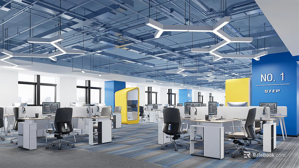 Modern Public Office Space with Open Workstations Colorful Partitions and Hexagonal Ceiling Lights 3d model