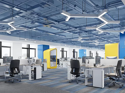 Modern Public Office Space with Open Workstations Colorful Partitions and Hexagonal Ceiling Lights 3d model