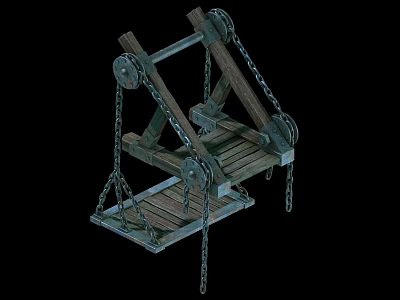 Vintage Wooden Mechanical Lifting Device With Metal Chains And Pulleys 3d model