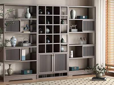 Traditional Chinese Curio Shelf Displaying Vases Tea Sets and Decorative Items with Blinds and Plants 3d model