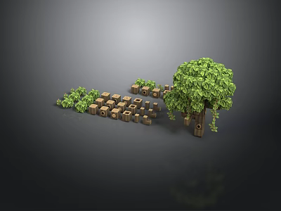 Pixel Art Style 3D Render With Tree Wooden Blocks And Small Plants 3d model