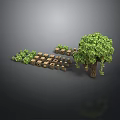 Pixel Art Style 3D Render With Tree Wooden Blocks And Small Plants
